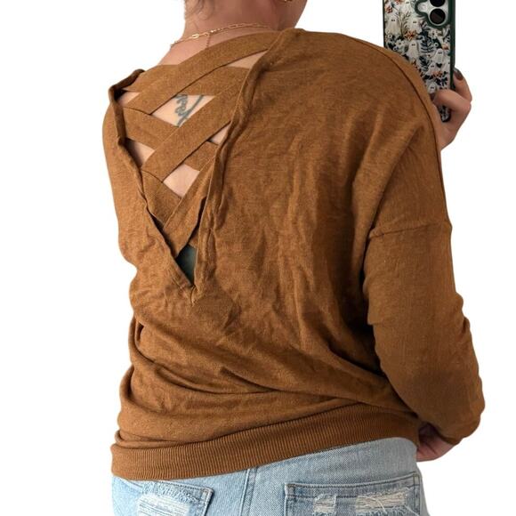 Windsor S Brown Oversized Criss Cross Strappy Open Back Soft Knit Vneck Sweater - Picture 2 of 7